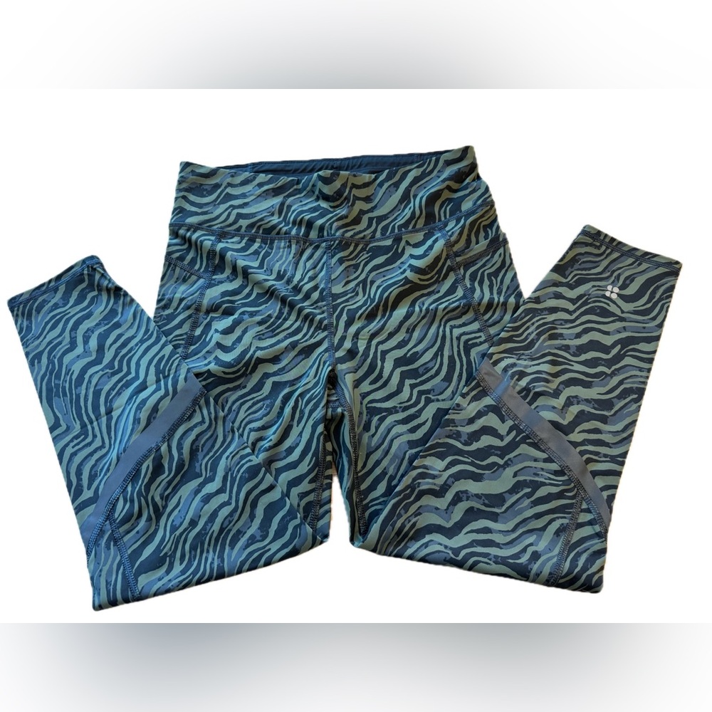 SWEATY BETTY Zero Gravity Leggings 7/8 Length 60cm/24" Large Green Black Zebra - Picture 2 of 11